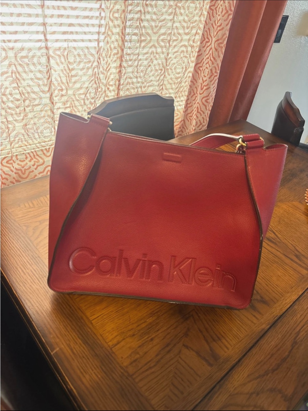 Calvin Klein Red Embossed Leather Tote